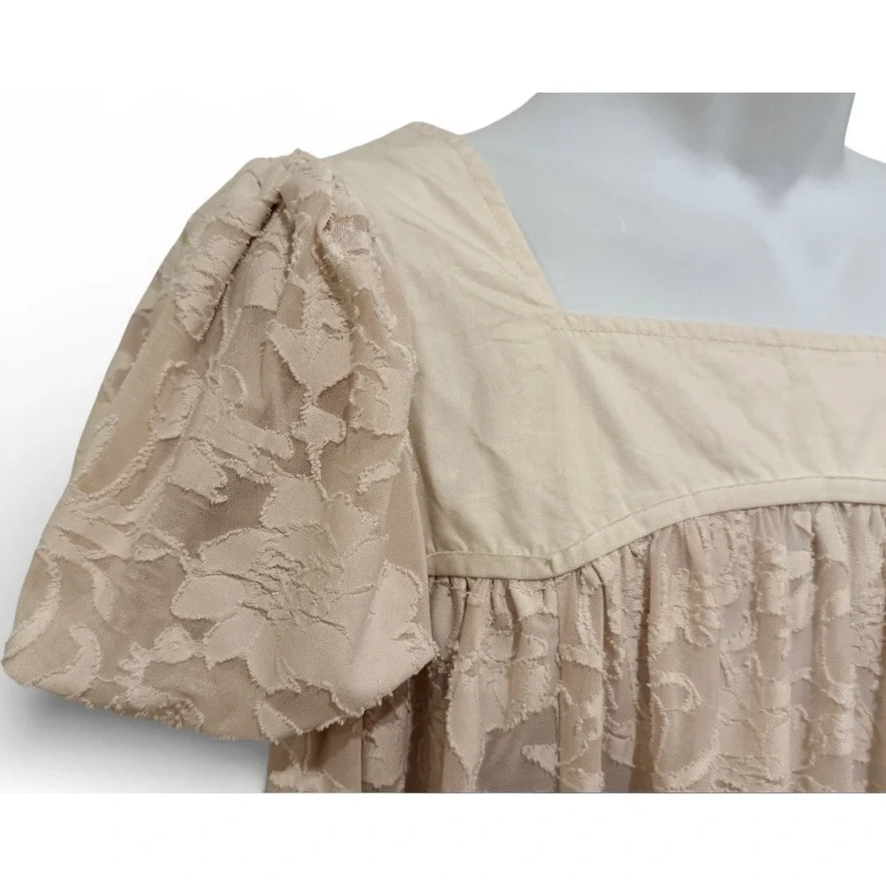 Free People Top M Blush‎ Lace Babydoll Tunic Puff Sleeve Boho Romantic Whimsy